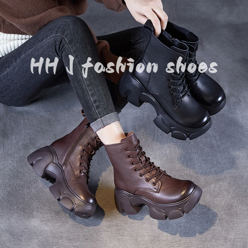 厚底马丁靴女2025新款秋冬季小个子增高跟英伦风中筒系带加绒短靴