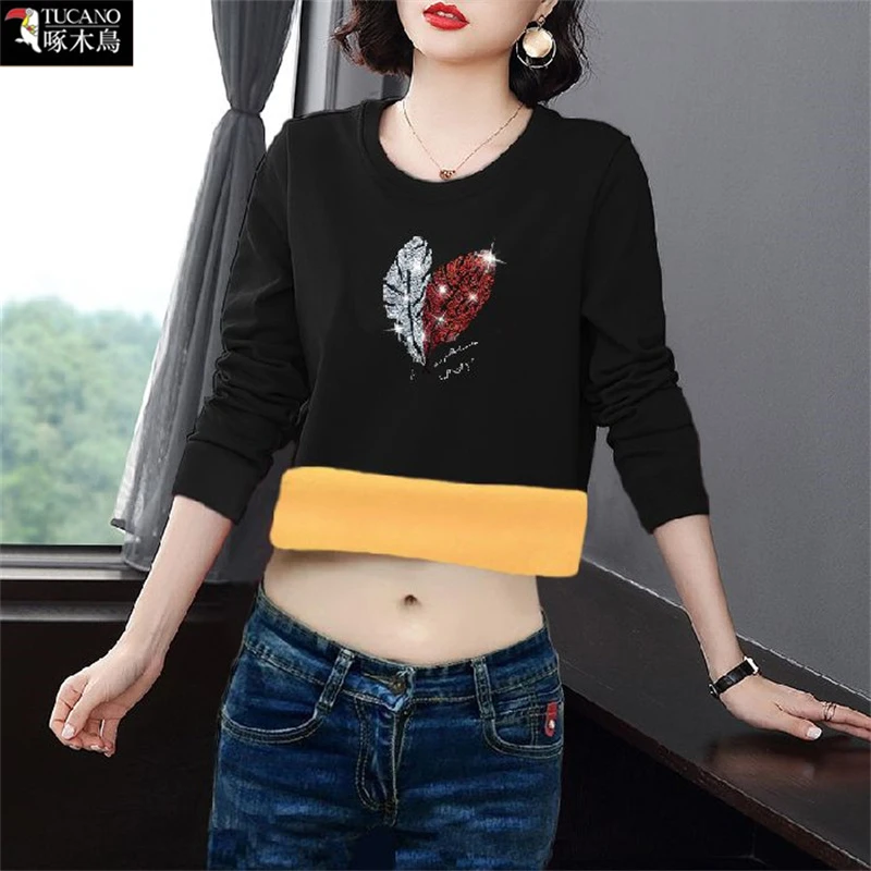 啄木鸟正品2025长袖保暖套头圆领卫衣内搭女印花秋冬大码显瘦上衣