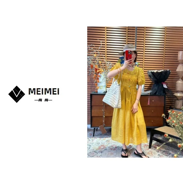 XMM【百分百苎麻连衣裙】时尚潮流洋气轻奢夏季褶皱法式气质GZJ7261