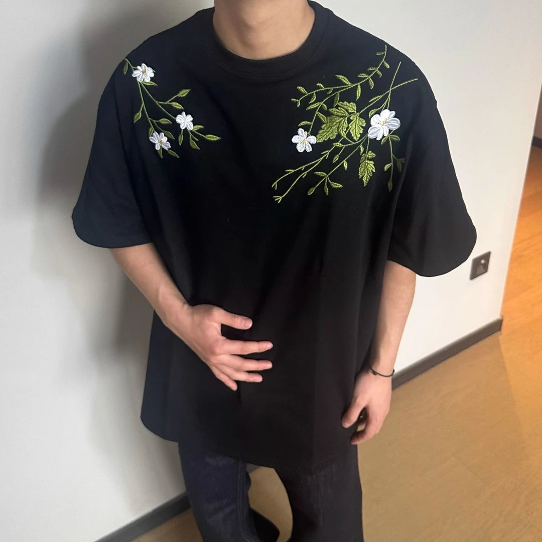 美式街头花卉花环刺绣短袖t恤男女夏季宽松重磅情侣半袖上衣服