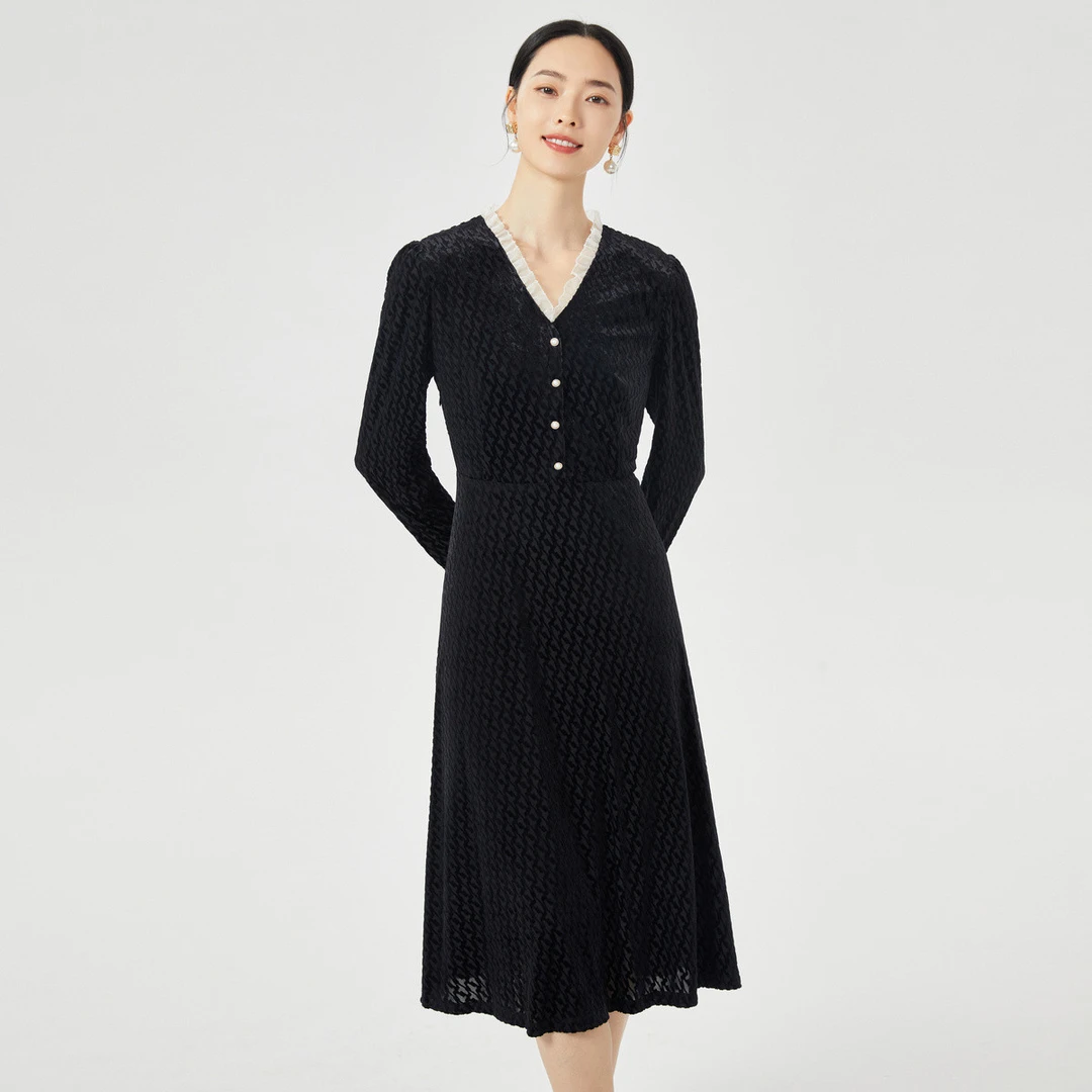【婷婷专属】宴会轻礼服裙秋季优雅扣饰光泽感收腰连衣裙女