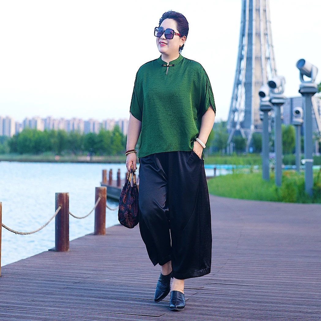 【碧影】新中式气质夏季美衣百搭复古圆立领重磅花色印花短袖