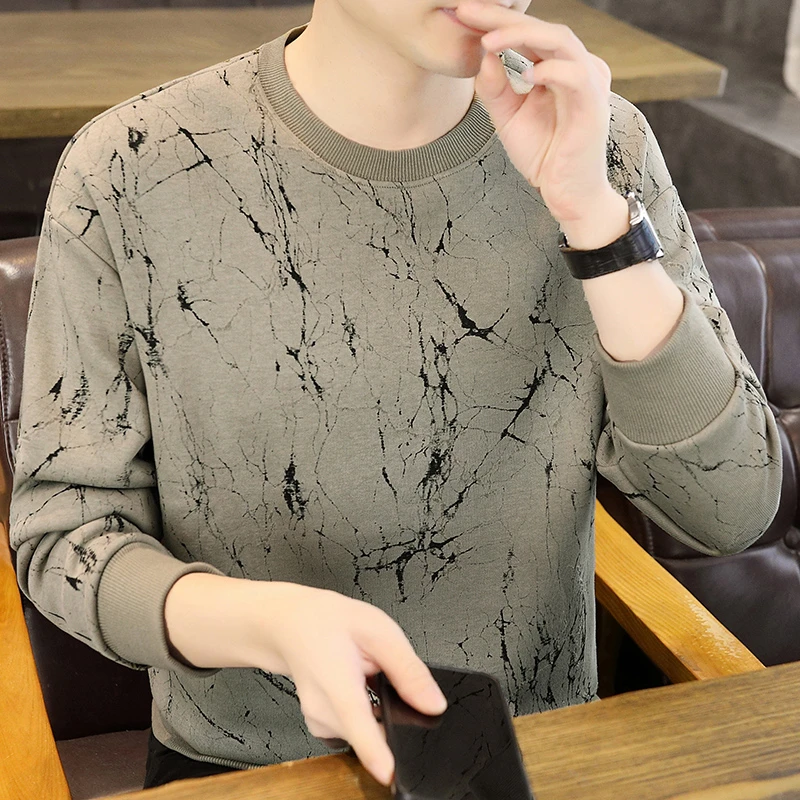 男青年春季薄款扎染卫衣个性潮流长袖T恤圆领内搭打底衫上衣体恤