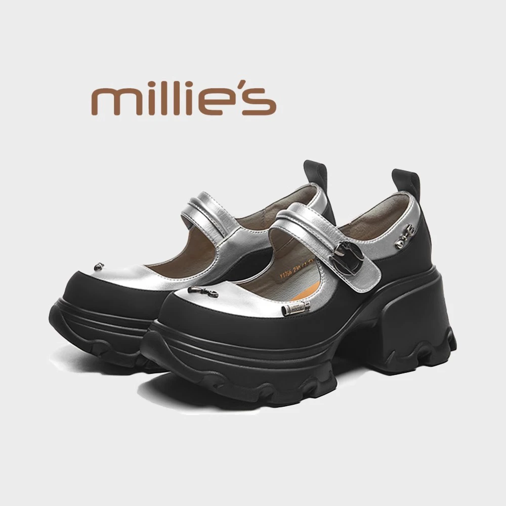 MILLIE'S/妙丽一字扣玛丽珍鞋百搭真皮时尚银白色厚底运动单鞋