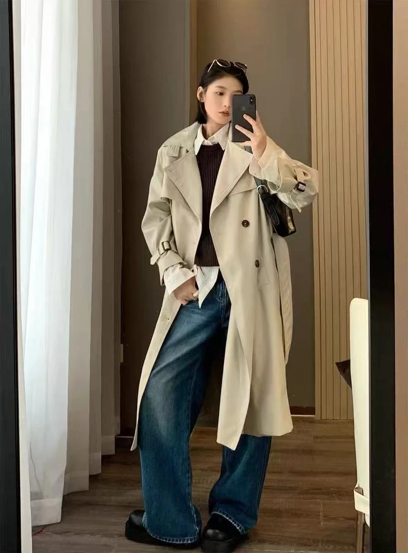 【清仓】春季法式百搭时尚翻领双排扣显瘦气质百搭风衣8828#0.1