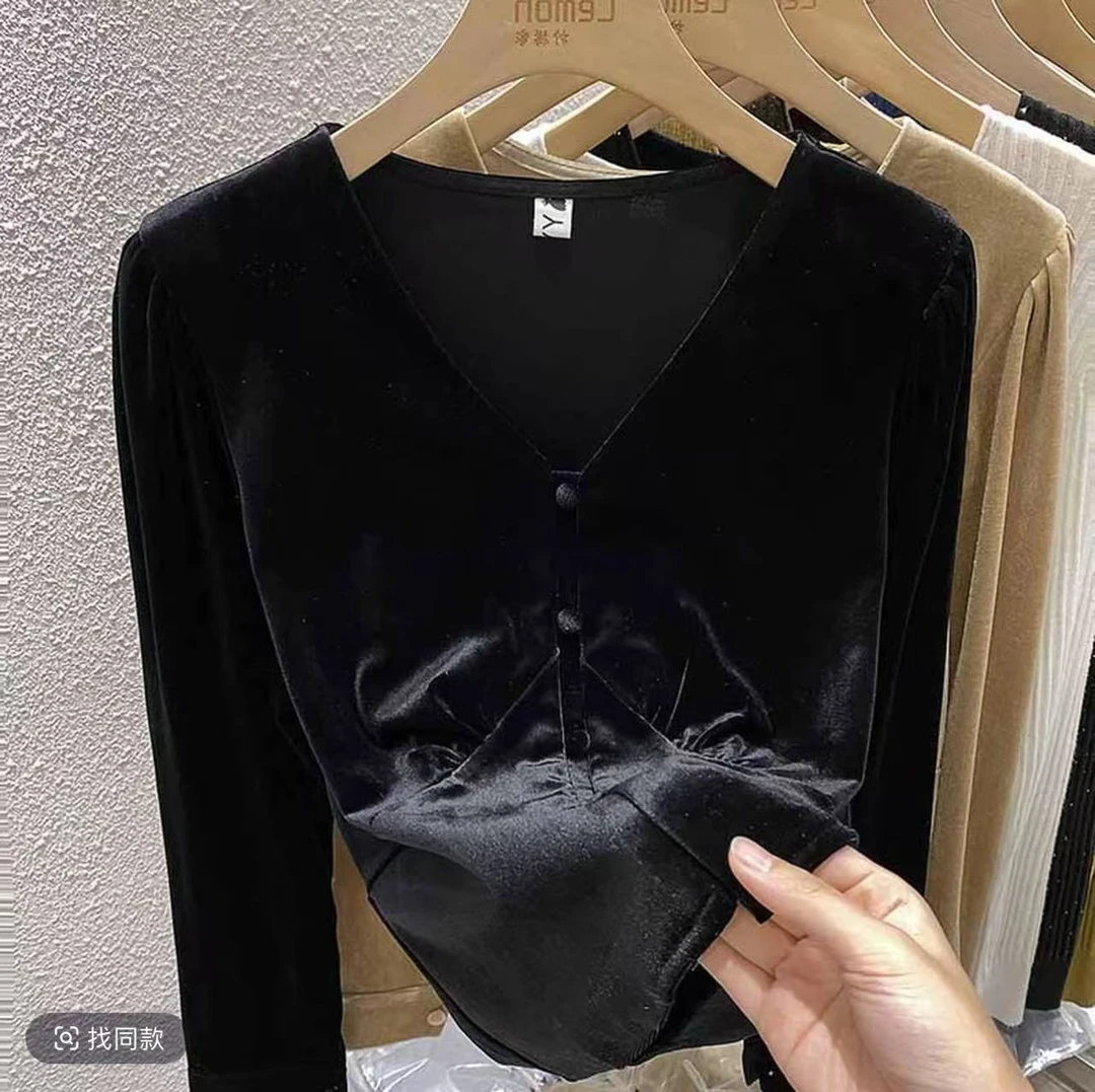 6768轻奢高级感金丝绒长袖T恤女春秋冬季别致宽松内搭打底衫上衣