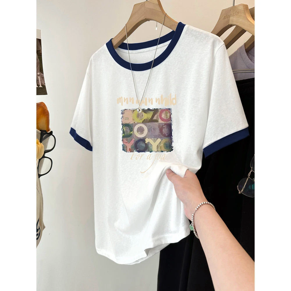雪花棉拼接显瘦2025夏季新款短袖圆领白色上衣女印花百搭小众T恤