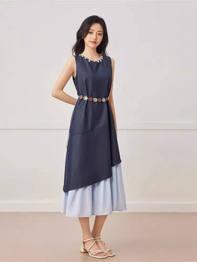 拼接牛仔连衣裙中长款夏季新款洋气设计感无袖背心微胖女生连衣裙