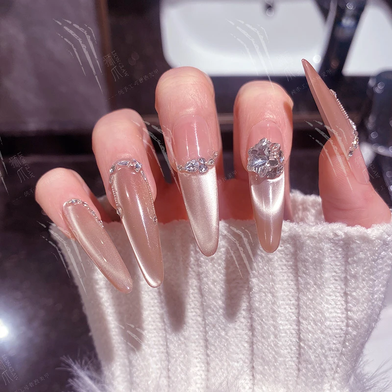 【苍山负雪】清透桃桃冰沙玻璃珠猫眼超绝水光感镶钻法式电镀光猫眼