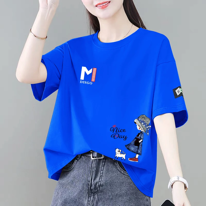 100%纯棉短袖t恤女夏季新款韩版百搭宽松显瘦减龄遮肚时尚体恤衫