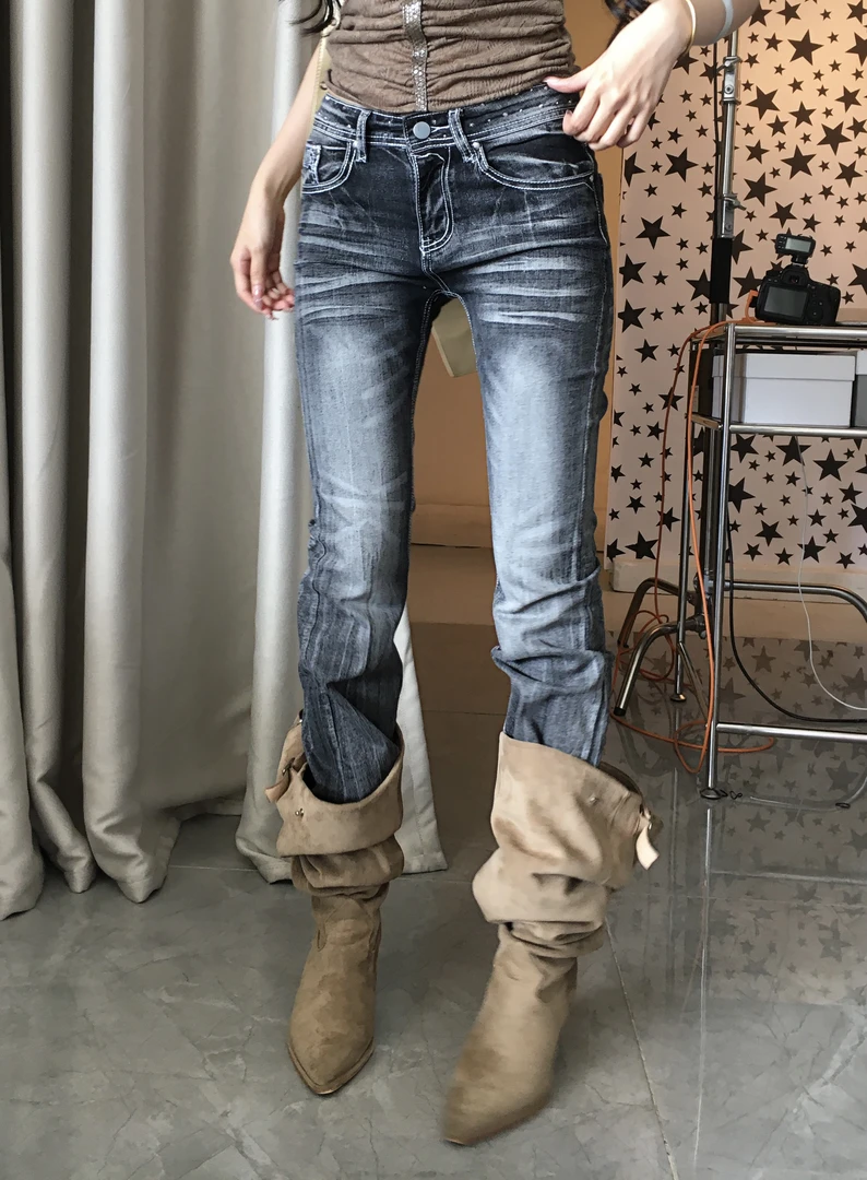 6NE 美式辣妹复古千禧风低腰微喇叭牛仔裤女修身水洗做旧马蹄长裤