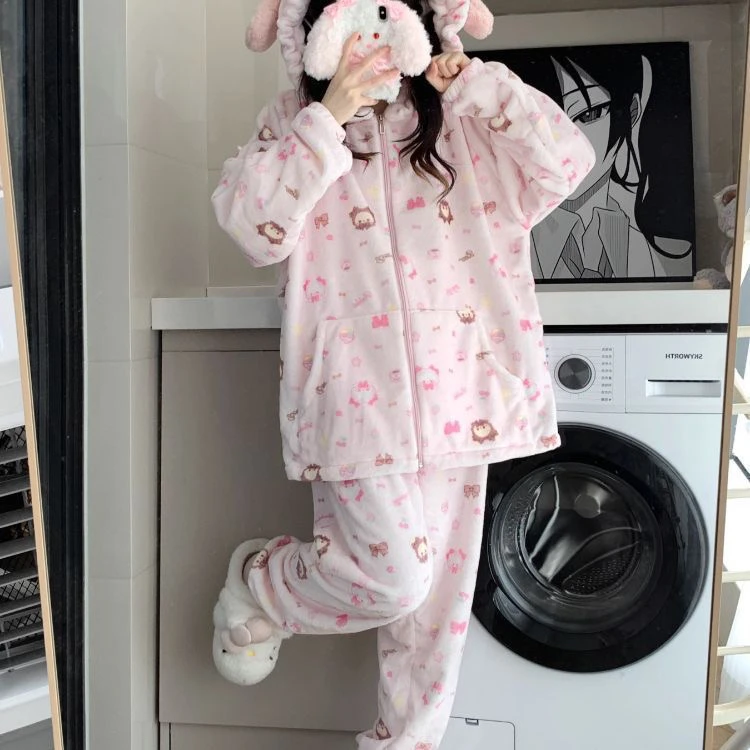 冬季可爱甜美法兰绒兔熊新中式加绒加厚睡衣女卡通毛绒家居服套装
