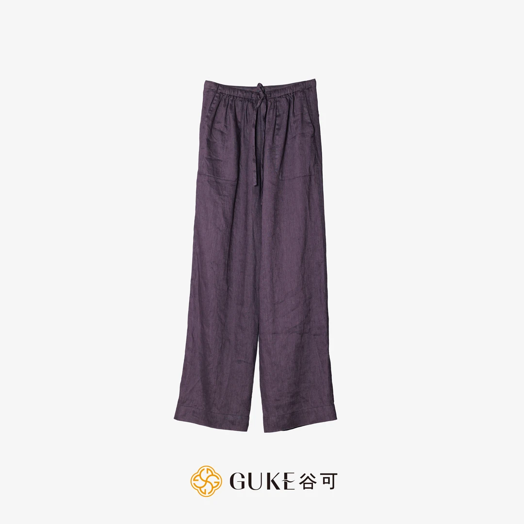 GKE/谷可K1211亚麻夏季阔腿裤女垂感休闲直筒宽松抽绳高腰长裤女