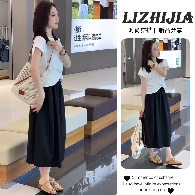 2025夏季新款温柔风休闲宽松短袖T恤上衣百搭高腰遮肉半身裙套装