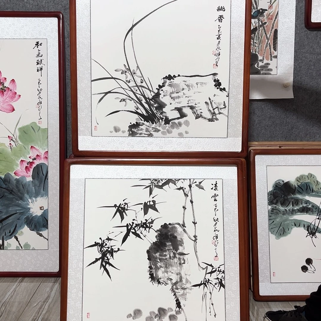 蘭***生国画书画作品带框63×63