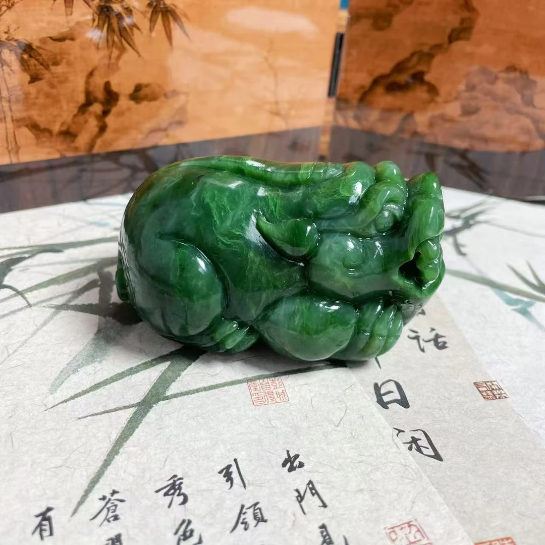 天然和田玉碧玉菠菜绿貔貅手把件纯手工雕刻精致把件