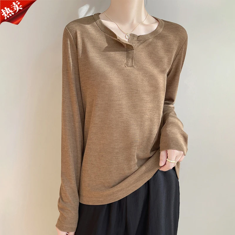 哥弟阿玛施正品新款莱赛尔天丝百搭长袖针织衫休闲纯色薄款上衣女