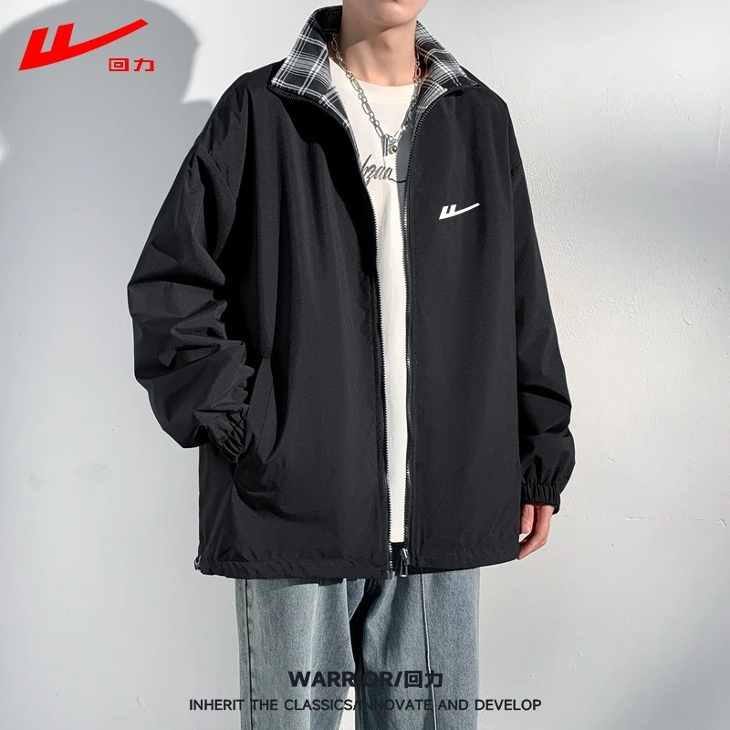 回力新款格子立领秋季春秋黑色工装立领夹克衫潮流纯色简约衬衫男