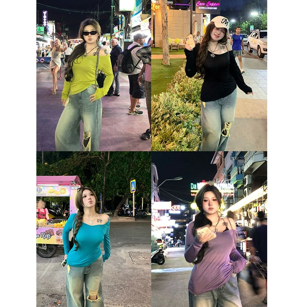 安妮不火【海岸印记】新款休闲风长袖纯色宽松显瘦V领T恤A251T0009