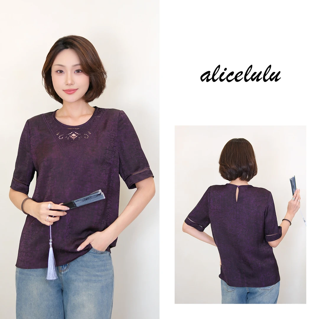 1[alicelulu]新款轻奢蕾丝钩花镂空短袖衬衫上衣S2143256E