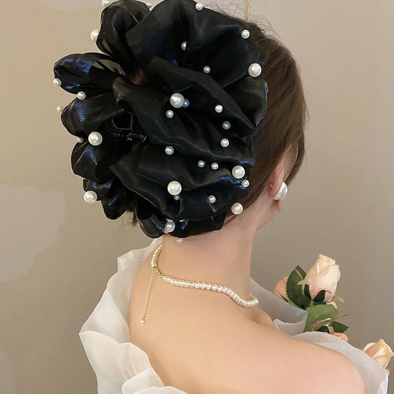 网纱珍珠款抓2025新款多层蝴蝶结泡泡夹女气质超大号后脑勺鲨鱼夹