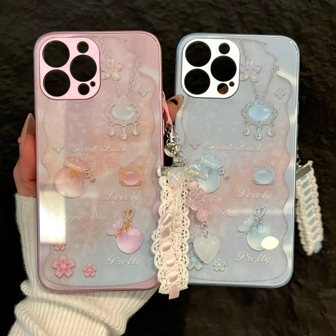 卡通饰品适用苹果16pro手机壳iPhone15金属玻璃华为p小众小米oppo
