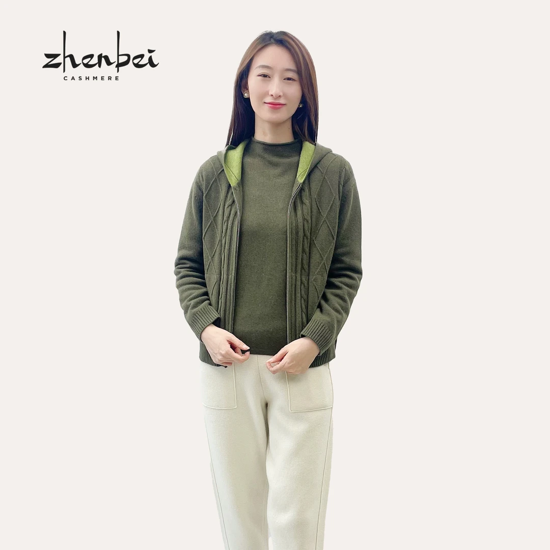 ZB/珍贝商场同款新品长石绿运动风带帽拉链女羊绒开衫/H91141