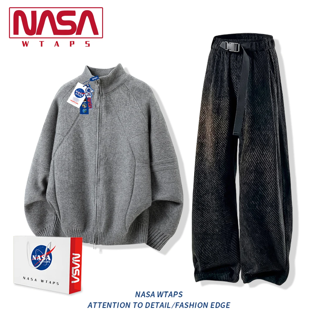 NASA WTAPS美式拼接设计感针织衫男秋冬半拉链高级感休闲运动套装