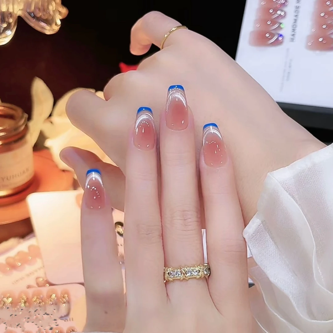 纯手工穿戴甲显白蓝色法式猫眼可拆卸高级纯手作美甲贴片