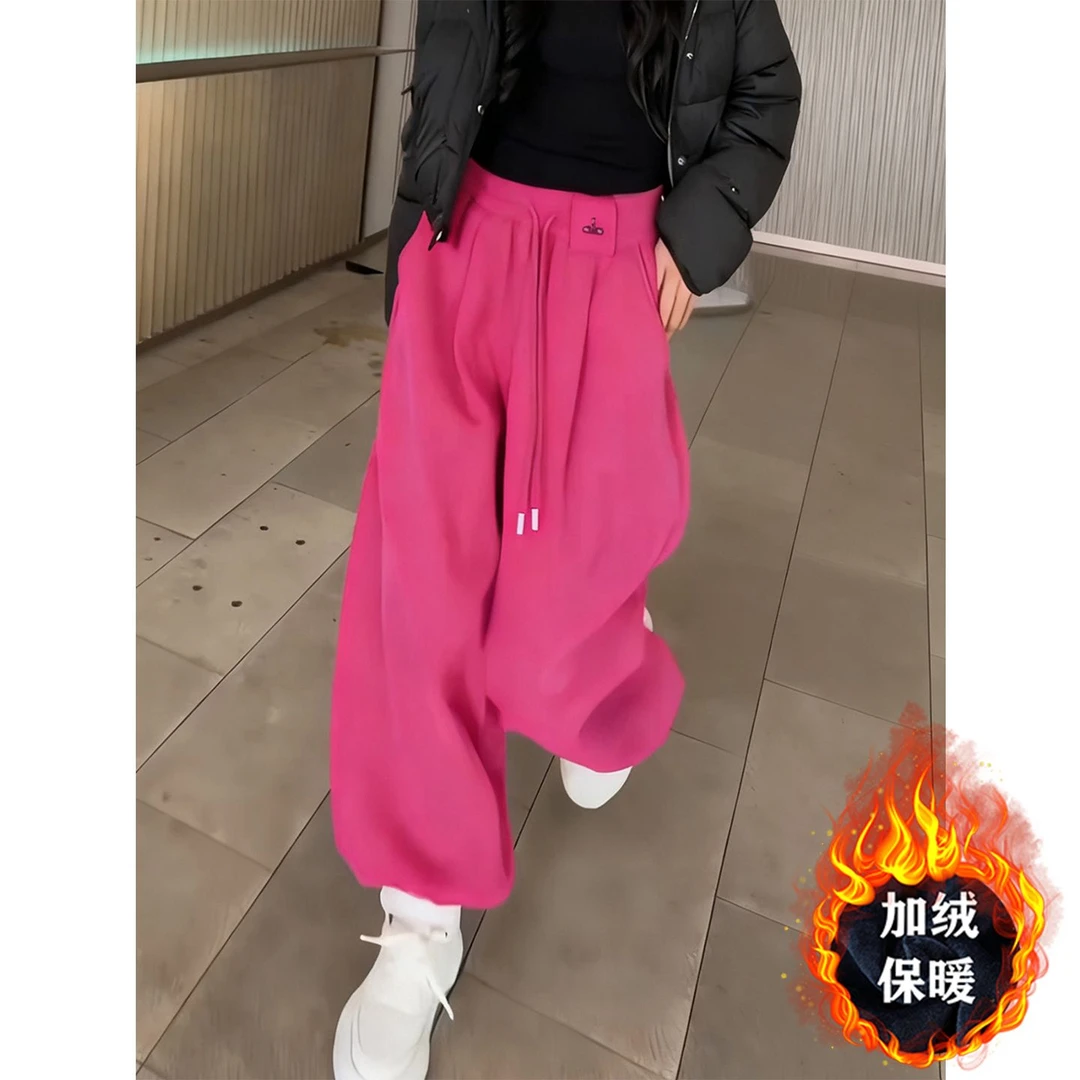 玫红色加绒加厚休闲卫裤女秋冬2026新款洋气减龄巨好看束脚阔腿裤
