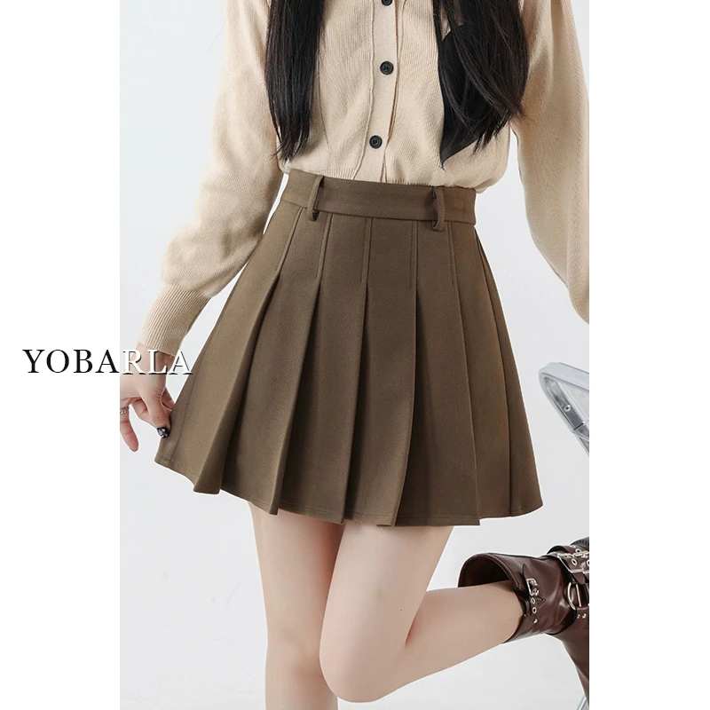 【新年宠粉】咖色毛呢百褶短裙女春季高腰显瘦a字半身裙YBL-3260