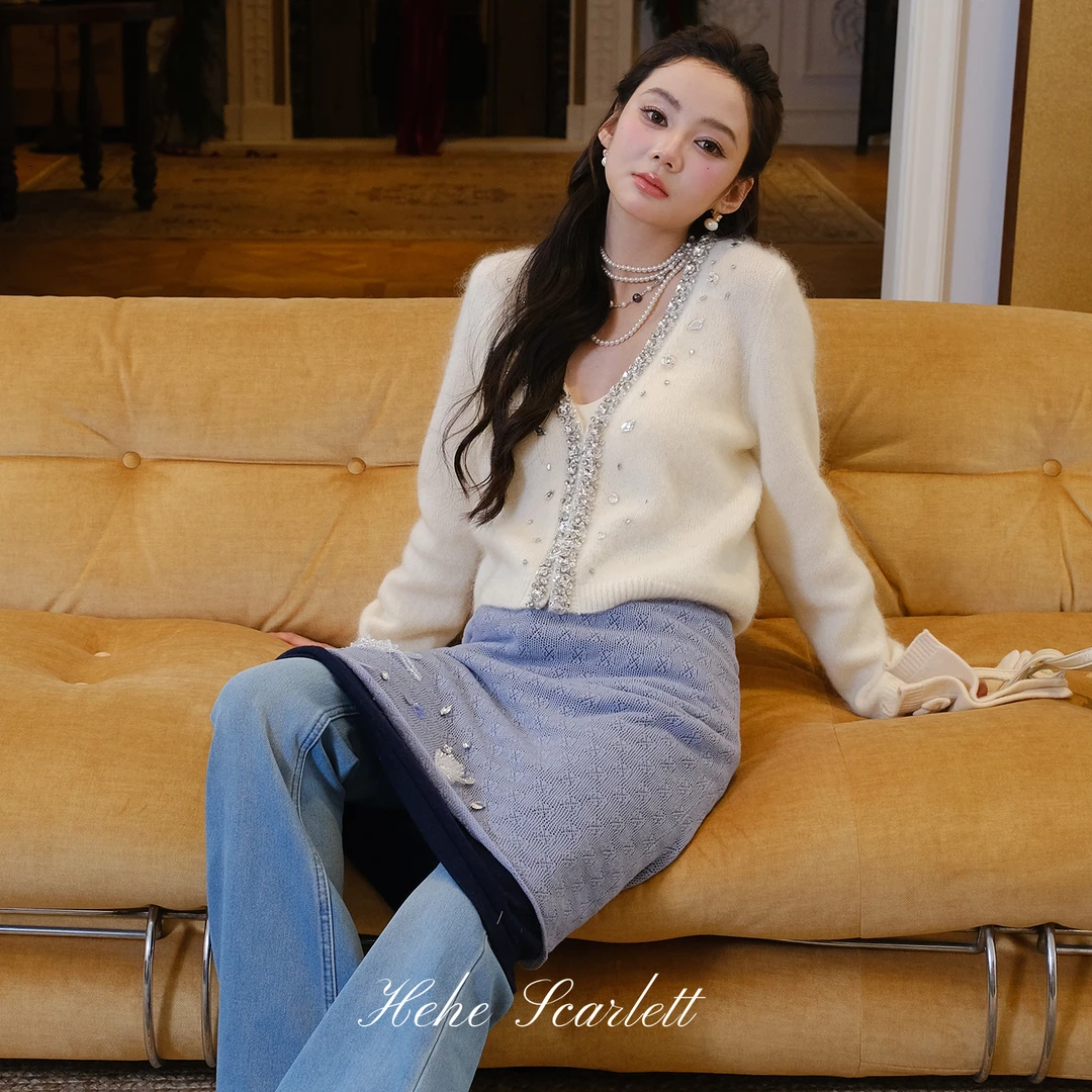 【12/12上新】定位手缝钉钻珠片刺绣马海毛绵羊毛富家千金V领开衫