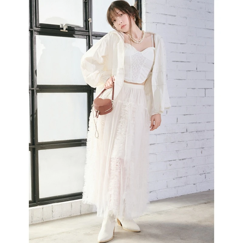 【DD外贸】 杂志款 L 个性荷叶边褶皱网纱薄纱高腰半身裙