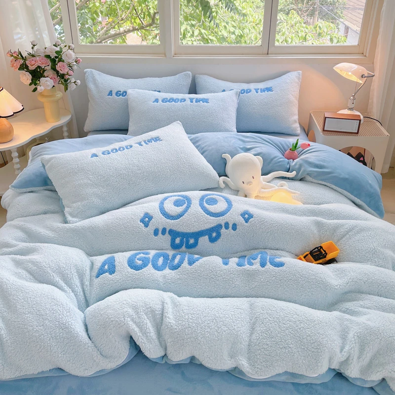 羊羔绒贴布绣卡通秋冬加厚加绒被套床单保暖牛奶绒单双人床品套件