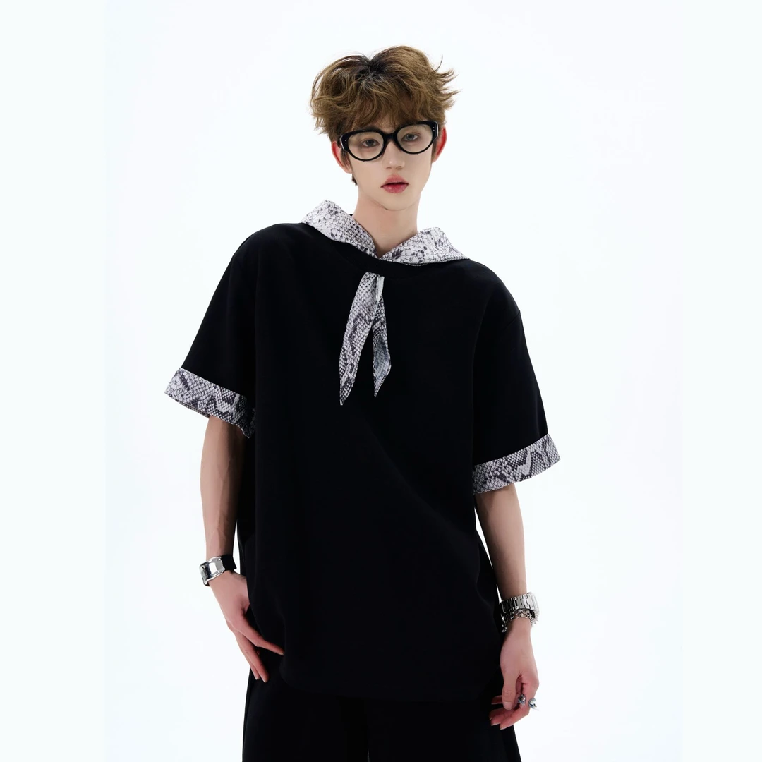 CleanlyGirl小众设计自带蛇纹丝带撞色拼接高级感阔重磅短袖宽松