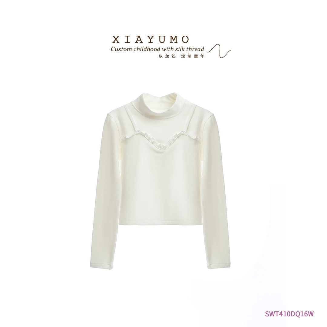 夏羽墨女童秋冬新款米色慕斯羊绒打底T恤立领百搭舒适内搭