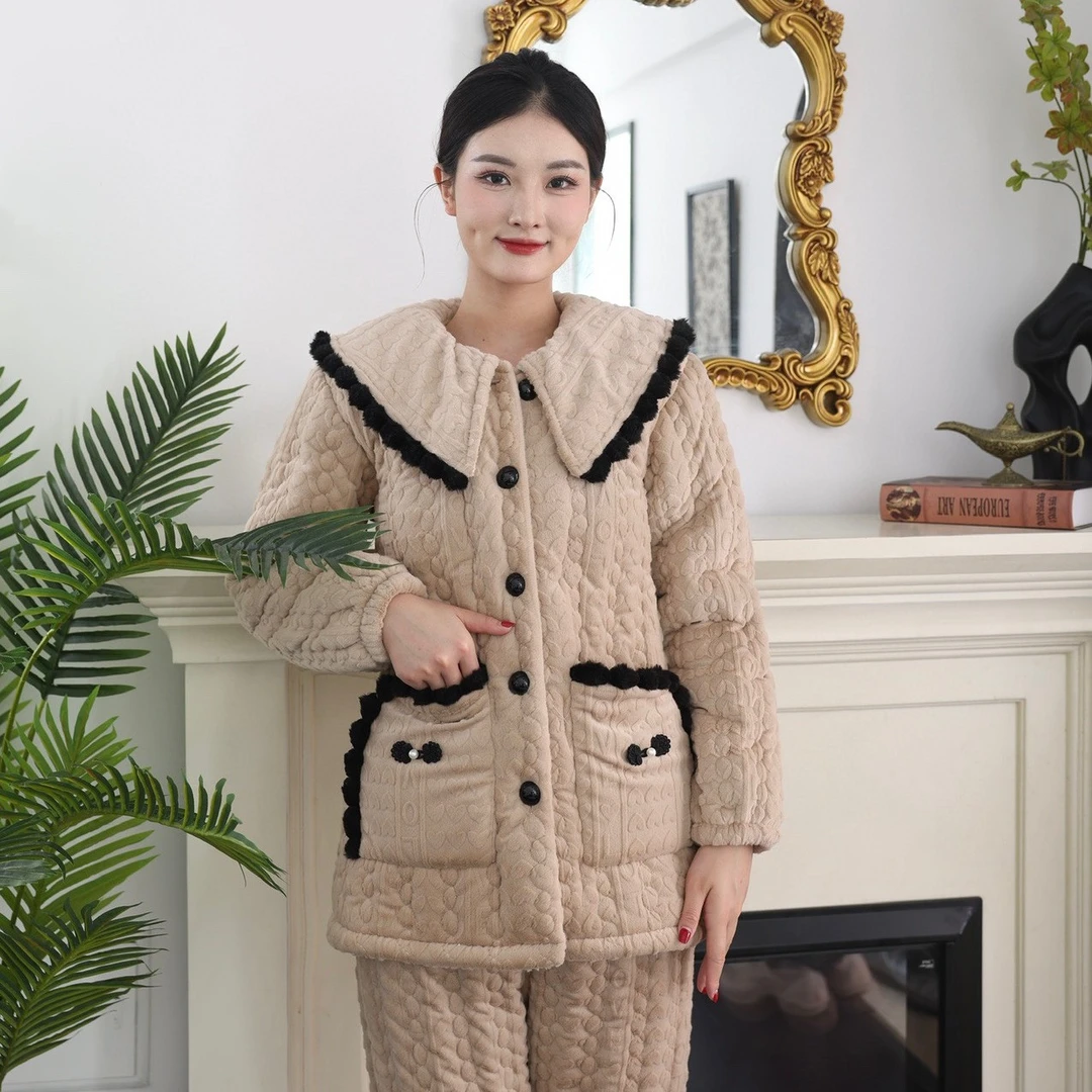 H女士三层加厚加绒夹棉冬季连帽可外穿睡衣家居服