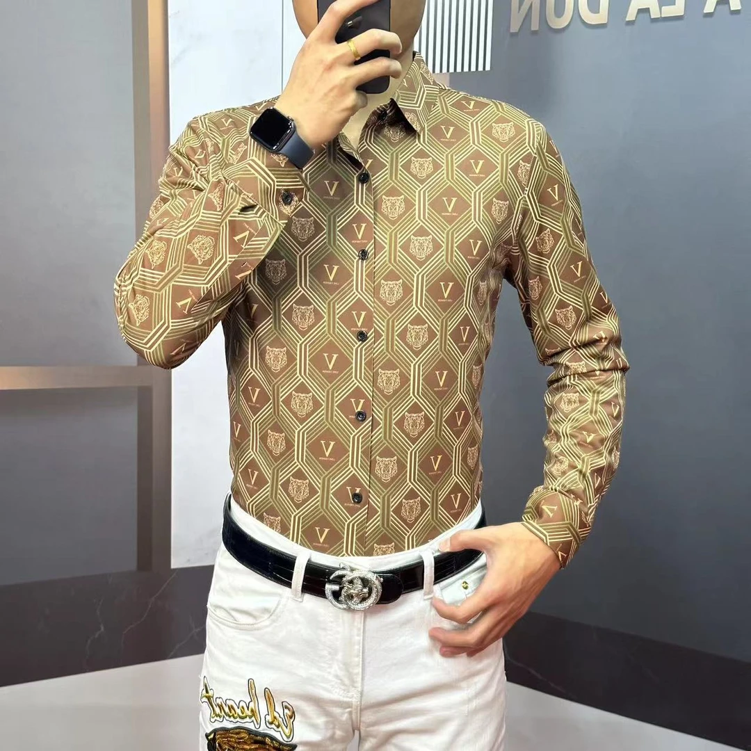 法拉盾甄选新款免烫弹力时尚欧货重工印花烫钻春长袖衬衣88008