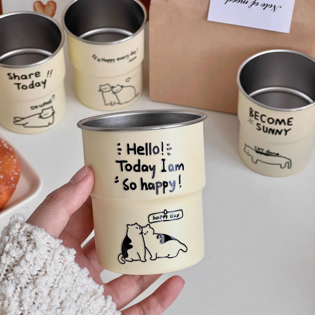 涂鸦猫杯304不锈钢旅行杯露营水杯高颜值简约可爱便携咖啡杯300ml