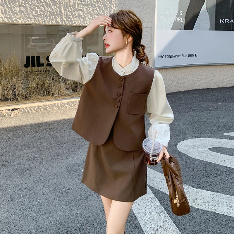 高级感复古咖色时尚套装裙女2025早春季新款法式气质小个子两件套