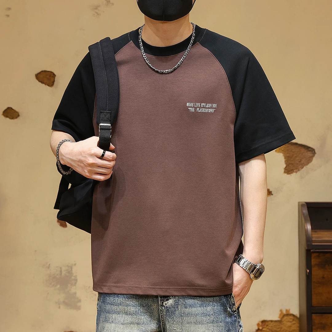 高端美式撞色插肩速干短袖T恤男士夏季新款潮牌圆领宽松大码体恤