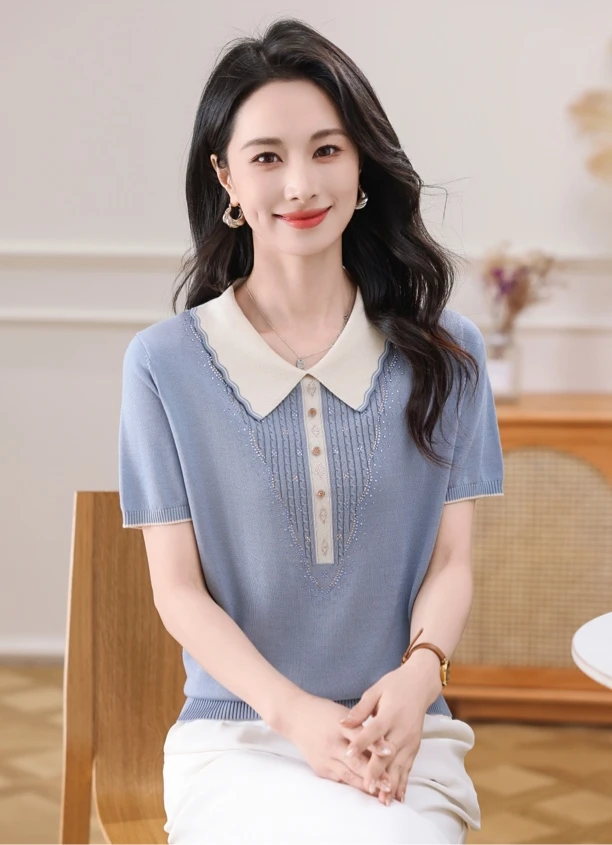 【天丝 桑蚕丝】春夏新款天丝短袖烫钻翻领针织套头女