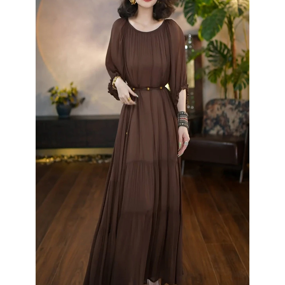 送腰带!时尚休闲纯色连衣裙女2025夏季新款高级简约气质显瘦A字裙