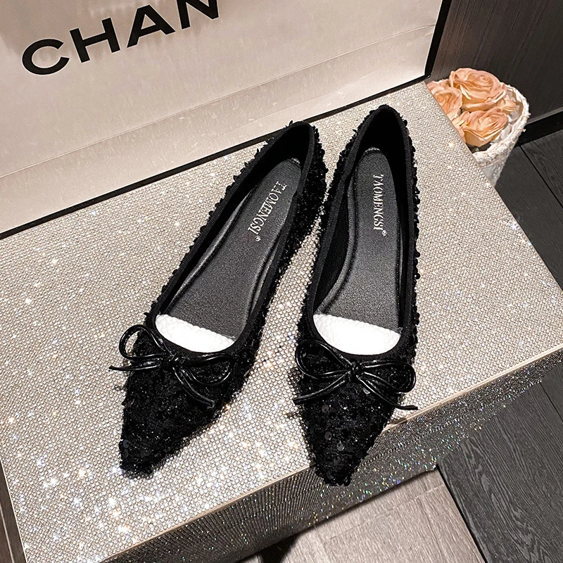 春闪闪亮片精致小尖头浅口软底约会蝴蝶结单鞋女