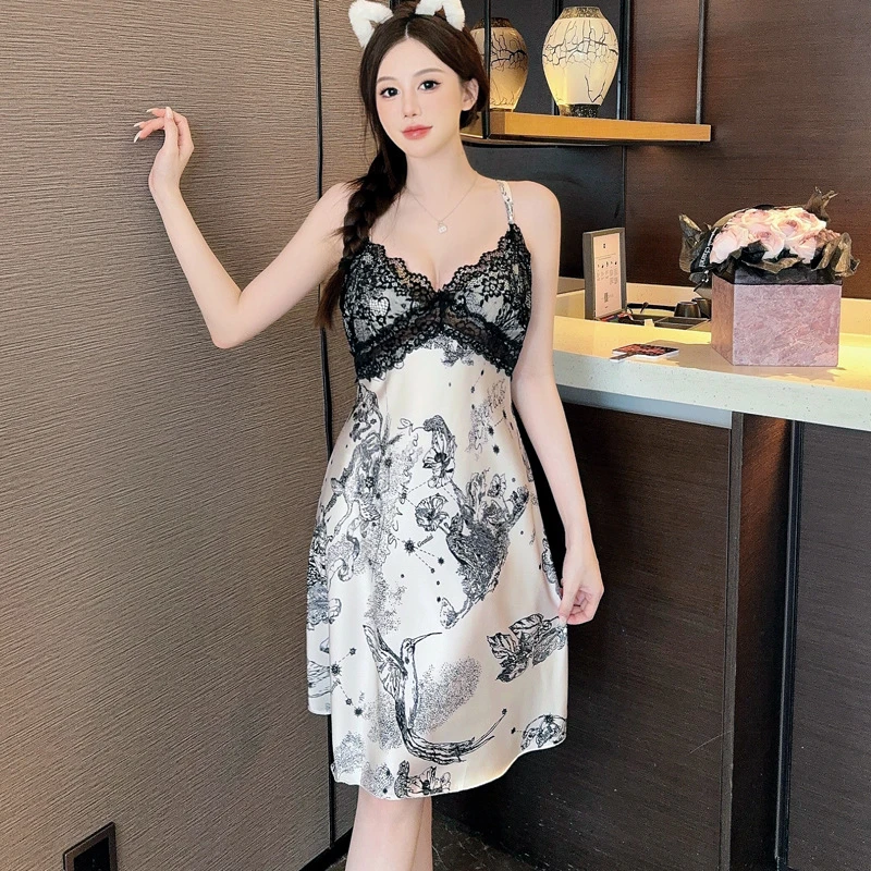 【冰丝蕾丝吊带睡裙】性感胸垫睡衣浪漫水墨画睡袍约会战袍睡裙女