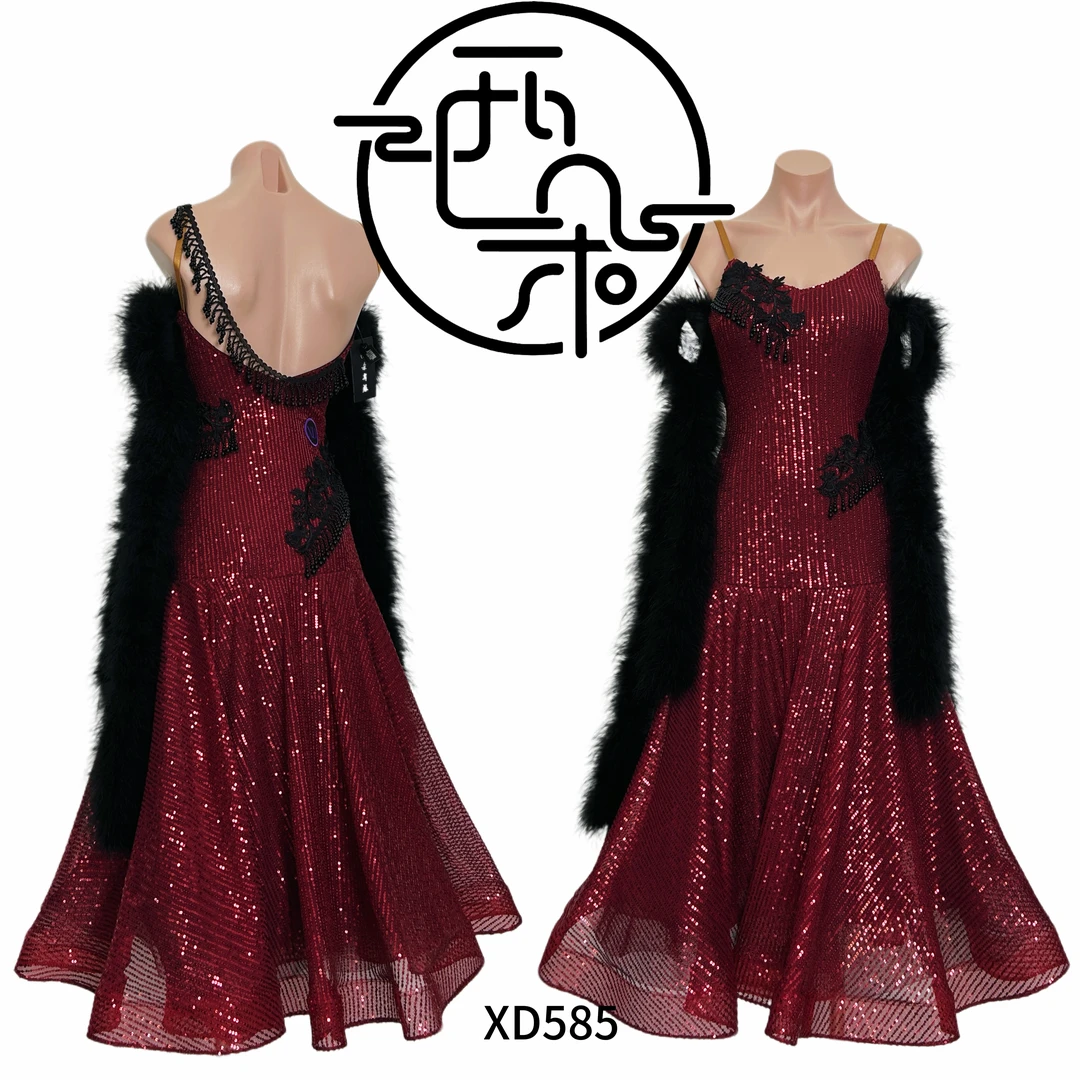 西朵亮片高级感珍珠贴花大裙摆摩登舞表演服比赛服XD585