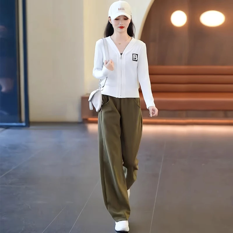 时尚休闲开衫长袖T恤女2024春秋新款洋气修身减龄短款V领拉链上衣