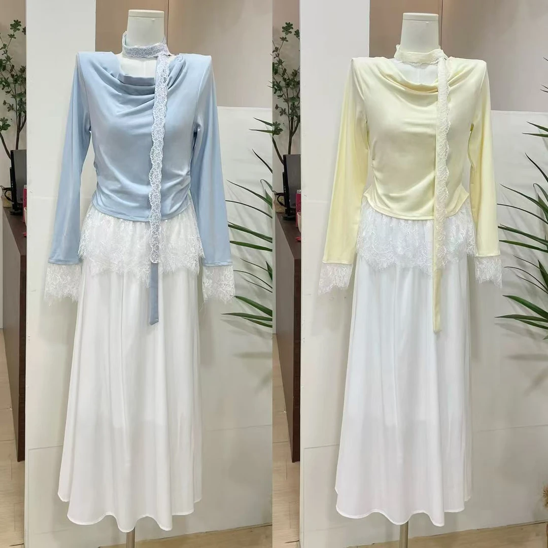 【婷婷家】上衣拼接蕾丝+高腰夏季气质半身裙+飘带3件套套装