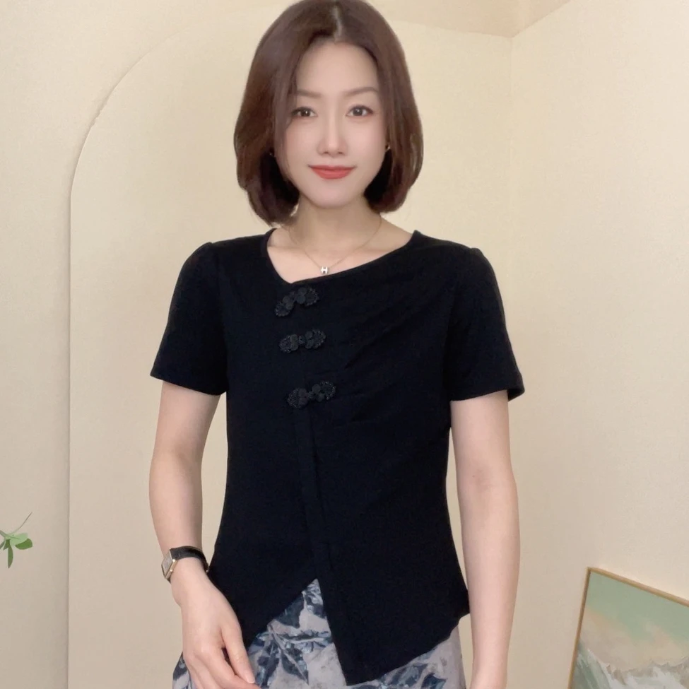78170夏季新款设计感不规则盘扣短袖休闲显瘦百搭时尚洋气打底T恤