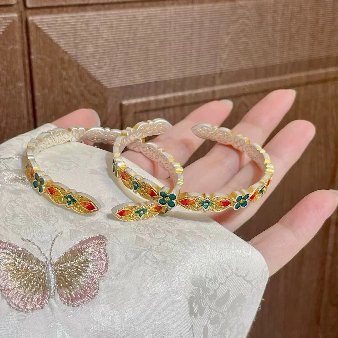 足银手镯 银9999描金珐如意彩花开口手镯女银新中式国风送女友